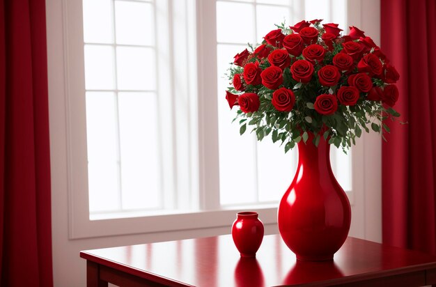 Bouquet di rose rosse in vaso sul tavolo IA generativa