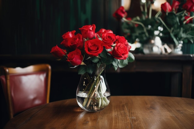 Bouquet di rose rosse in vaso trasparente su tavolo di legno creato con ai generativa