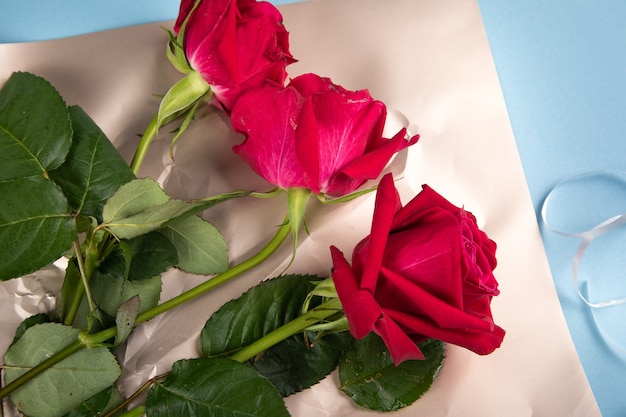 Bouquet di rose rosse su una superficie blu