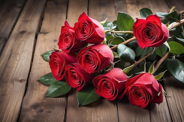 Bouquet di rose rosse su uno sfondo rustico in legno