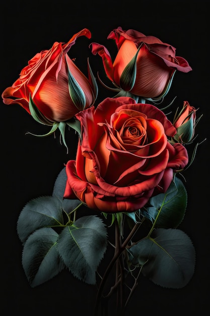 Bouquet di rose rosse vibranti su sfondo nero