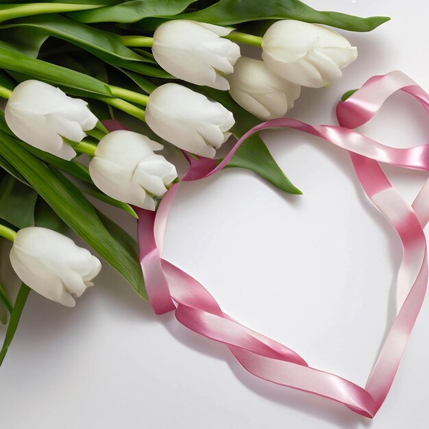 Bouquet di tulipani bianchi con nastro rosa disposti a forma di cuore su sfondo bianco