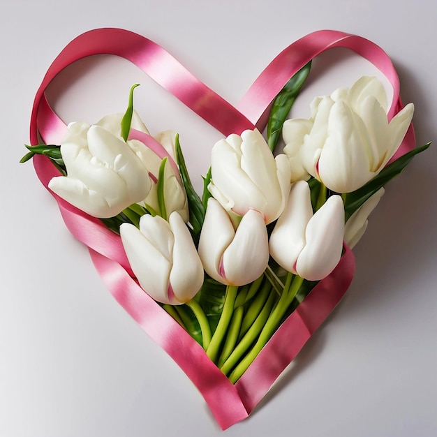 Bouquet di tulipani bianchi con nastro rosa disposti a forma di cuore su sfondo bianco