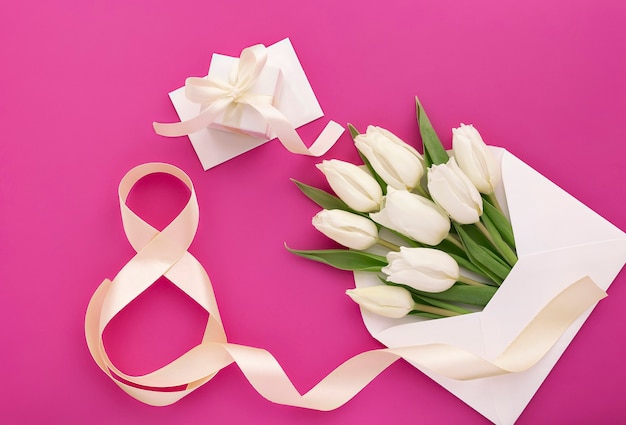 Bouquet di tulipani bianchi in busta e numero otto e confezione regalo