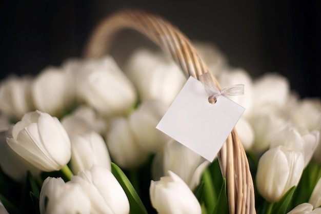 Bouquet di tulipani bianchi nel carrello closeup Bella retroilluminazione sul manico della piastra fissa