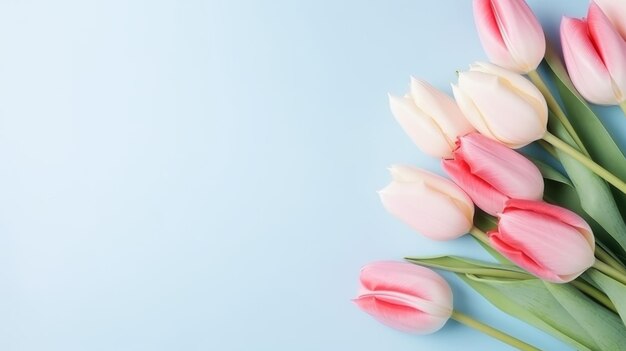 Bouquet di tulipani colorati Fiori festosi su sfondo blu Festa della mamma di Pasqua Festa della donna