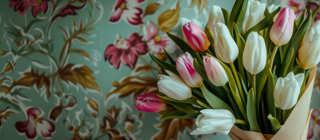 Bouquet di tulipani delicati primaverili su uno sfondo floreale in stile art nouveau concetto e congratulazioni