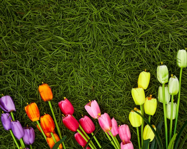 bouquet di tulipani di fronte alla scena di primavera