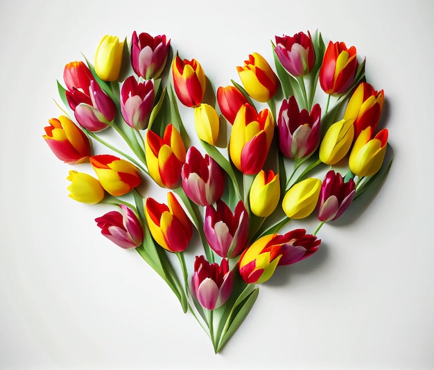 Bouquet di tulipani disposti a forma di cuore su uno sfondo bianco
