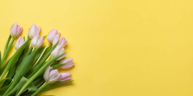 Bouquet di tulipani freschi rosa su sfondo giallo. Vista dall'alto, spazio di copia. striscione