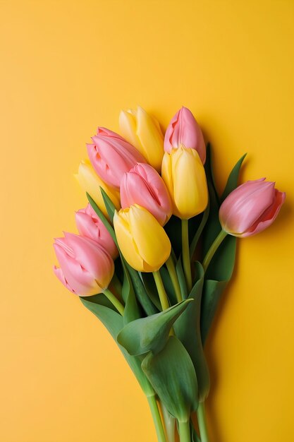 Bouquet di tulipani gialli e rosa su sfondo giallo vista dall'alto