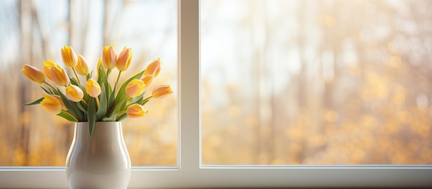 Bouquet di tulipani gialli in vaso sul davanzale della finestra