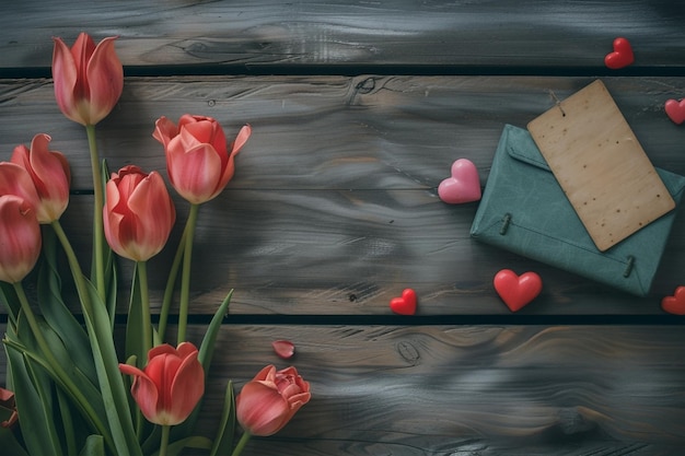 Bouquet di tulipani primaverili con nota vuota su uno sfondo di legno rustico