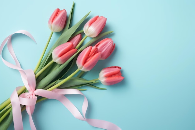 Bouquet di tulipani rosa con nastro rosa su sfondo blu AI generativo