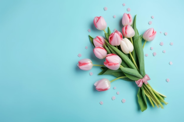 Bouquet di tulipani rosa e bianchi su sfondo blu AI generativa