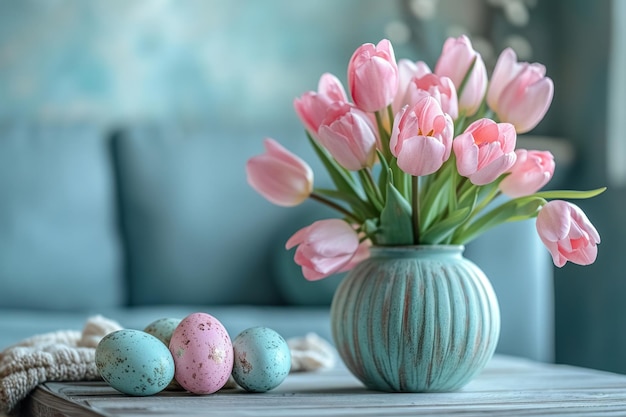 Bouquet di tulipani rosa in vaso sul tavolo accanto a uova di Pasqua dipinte su uno sfondo blu sfocato del divano