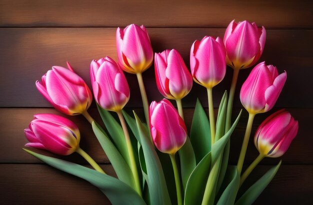 Bouquet di tulipani rosa su sfondo scuro carta di auguri copia spazio per il testo vista superiore