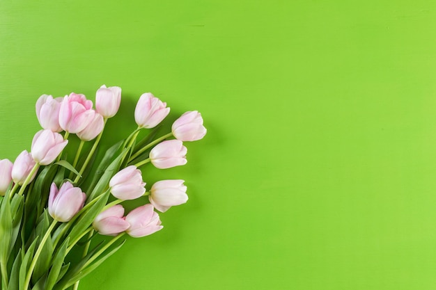 Bouquet di tulipani rosa su sfondo verde.