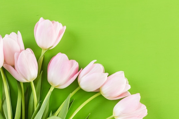 Bouquet di tulipani rosa su sfondo verde.