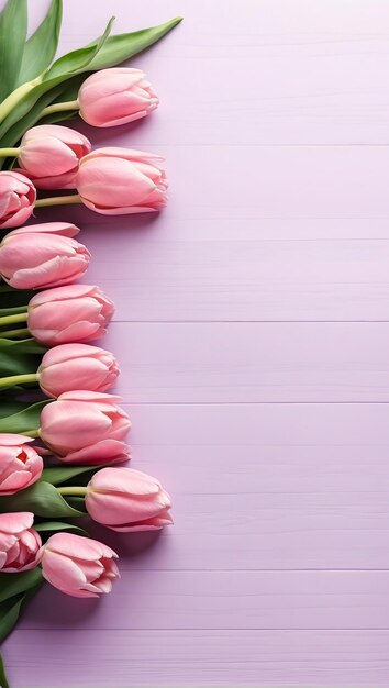 Bouquet di tulipani rosa su uno sfondo di legno rosa