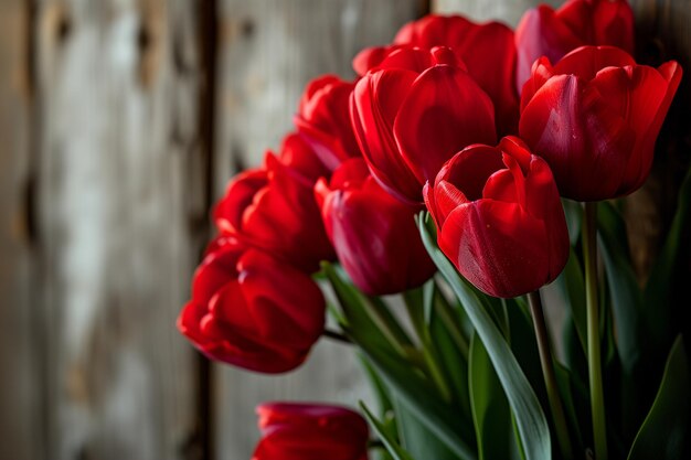 Bouquet di tulipani rossi di fronte a un muro di legno con spazio per il tuo testo