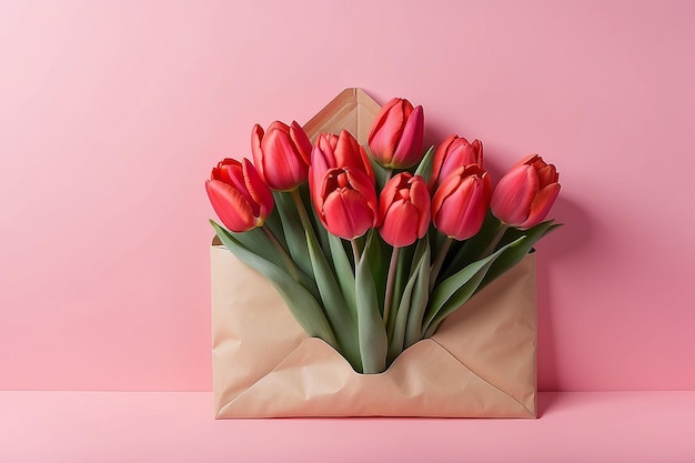 Bouquet di tulipani rossi in una busta su uno sfondo rosa