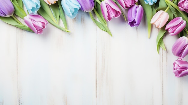 Bouquet di tulipani su sfondo di legno Vista dall'alto con spazio per la copia