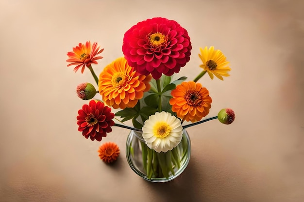 Bouquet di zinnia in un vaso su uno sfondo beige