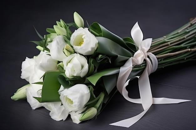 Bouquet Eustoma con nastro bianco e fiocco