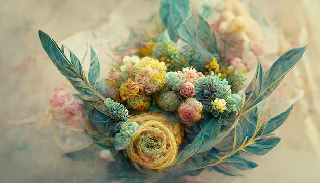 Bouquet floreale acquerello blush rosa verde blu fiore giallo Arredamento floreale vintage per cartolina