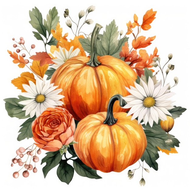 Bouquet floreale di zucca Illustrazione colorata ad acquerello di fiori autunnali, foglie e zucche in