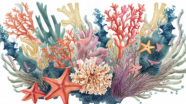 Bouquet floreale subacqueo ad acquerello con coralli e stelle marine illustrato a mano su bianco