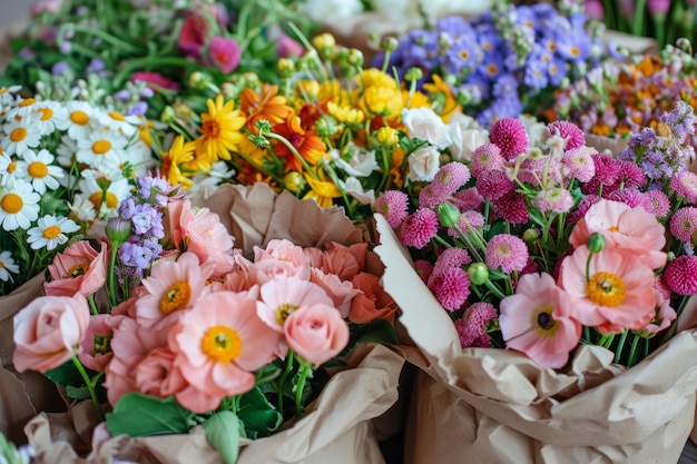 Bouquet fresco e rigoglioso di fiori colorati in carta artigianale AI generativa