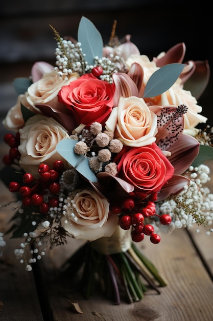 Bouquet invernale colorato con rose, gigli e bacche