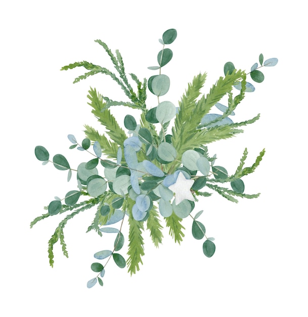 Bouquet invernale disegnato a mano ad acquerello con foglie di eucalipto ramo di abete e ramo di thuja
