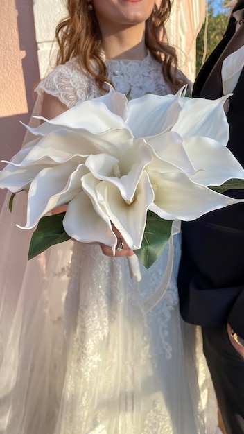 Bouquet nuziale coppia appena sposata sposa e sposo concetto di matrimonio fiori di gala