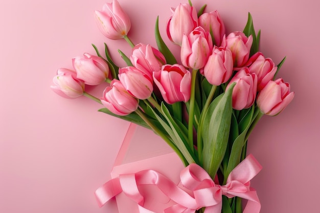 Bouquet per la Festa della Madre con tulipani rosa e cartolina