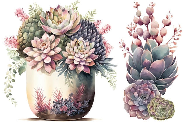 Bouquet succulento acquerello con vaso elegante creato con ai generativa