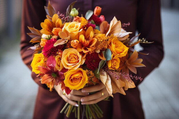 Bouquet tenuto sullo sfondo di colorate foglie d'autunno