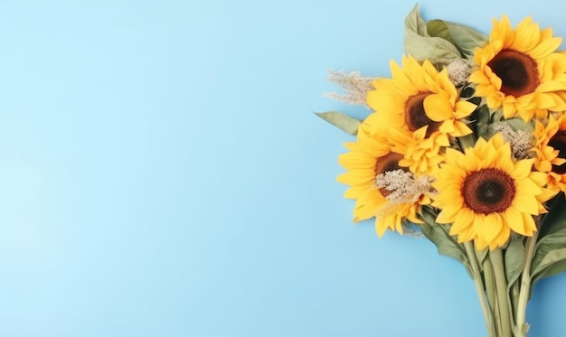 Bouquet vibrante di girasoli su sfondo blu pastello AI generativo