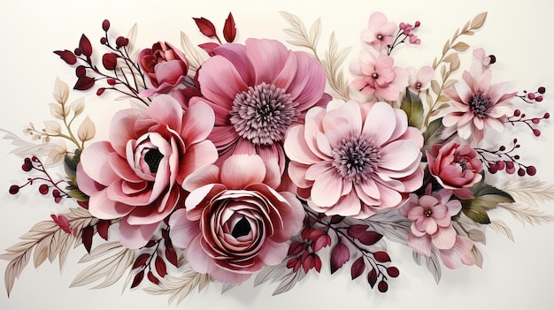 Bouquets di fiori ad acquerello illustrazione clipart e ramo floreale di rosa con foglie verdi per biglietti di auguri o inviti a nozze su sfondo bianco