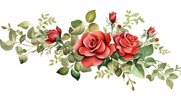 Bouquets di fiori ad acquerello illustrazione clipart e ramo floreale di rosa con foglie verdi per biglietti di auguri o inviti a nozze su sfondo bianco