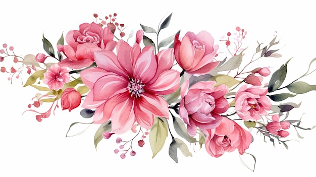 Bouquets di fiori ad acquerello illustrazione clipart e ramo floreale di rosa con foglie verdi per biglietti di auguri o inviti a nozze su sfondo bianco