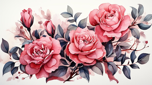 Bouquets di fiori ad acquerello illustrazione clipart e ramo floreale di rosa con foglie verdi per biglietti di auguri o inviti a nozze su sfondo bianco
