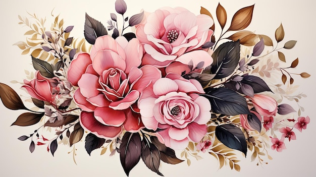 Bouquets di fiori ad acquerello illustrazione clipart e ramo floreale di rosa con foglie verdi per biglietti di auguri o inviti a nozze su sfondo bianco