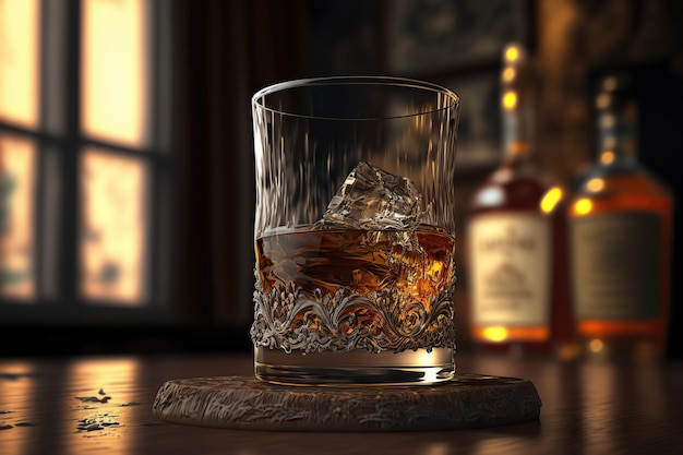 Bourbon o bicchiere di whisky su fondo legnoso scuro primo piano