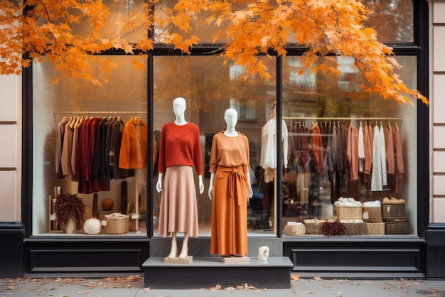 Boutique di moda contemporanea in una affascinante strada autunnale Vista frontale dal marciapiede che mostra l'ultima collezione autunnale in vetrina