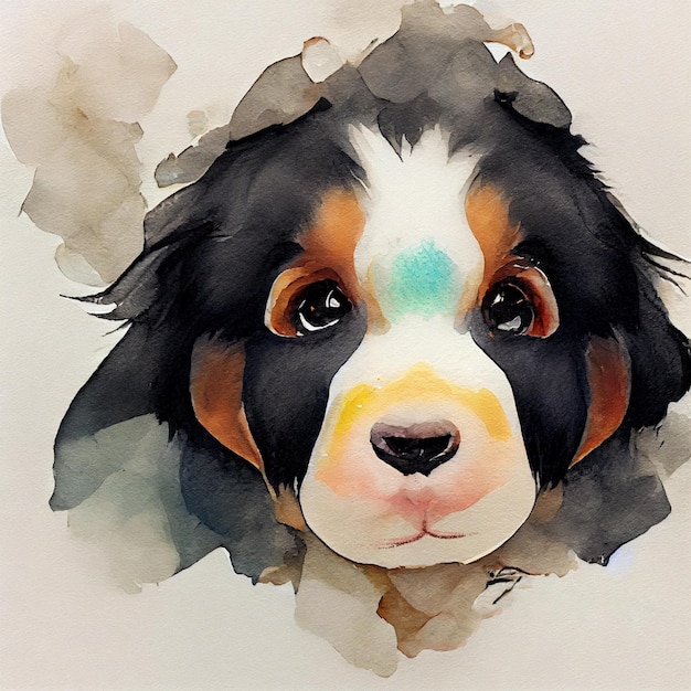 Bovaro del Bernese, adorabile cucciolo di cane. Illustrazione ad acquerello con macchie di colore. Tutte le razze canine