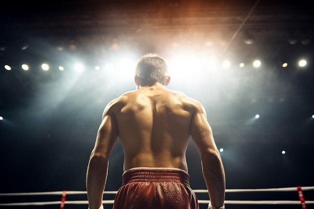 boxer arafed in piedi in un ring di boxe con la schiena girata generativa ai