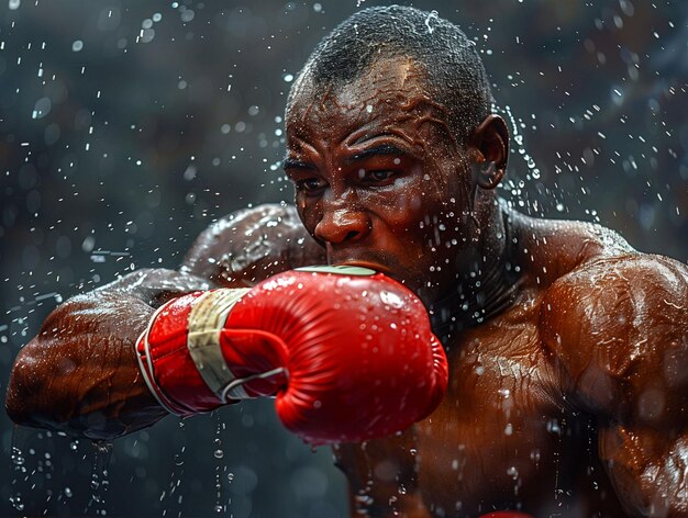 Boxer che indossa guanti da boxe sotto la pioggia AI generativa